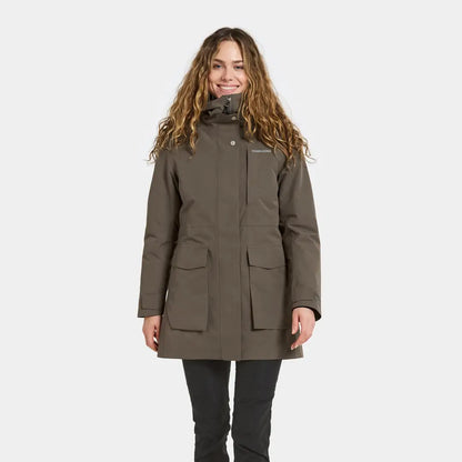 Didriksons Harriet womens parka in olive green with high collar and front pockets for country clothing and hunting