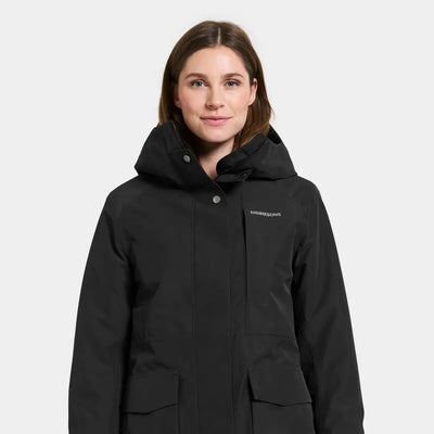 Didriksons Harriet womens parka, black hooded winter jacket with front pockets for country clothing and hunting