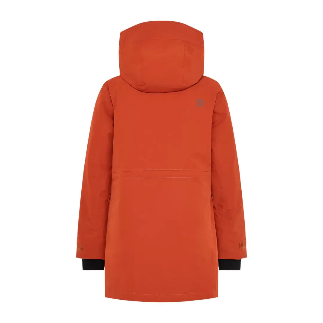 Vibrant orange Didriksons Harriet winter coat with black cuffs, perfect for country clothing and hunting