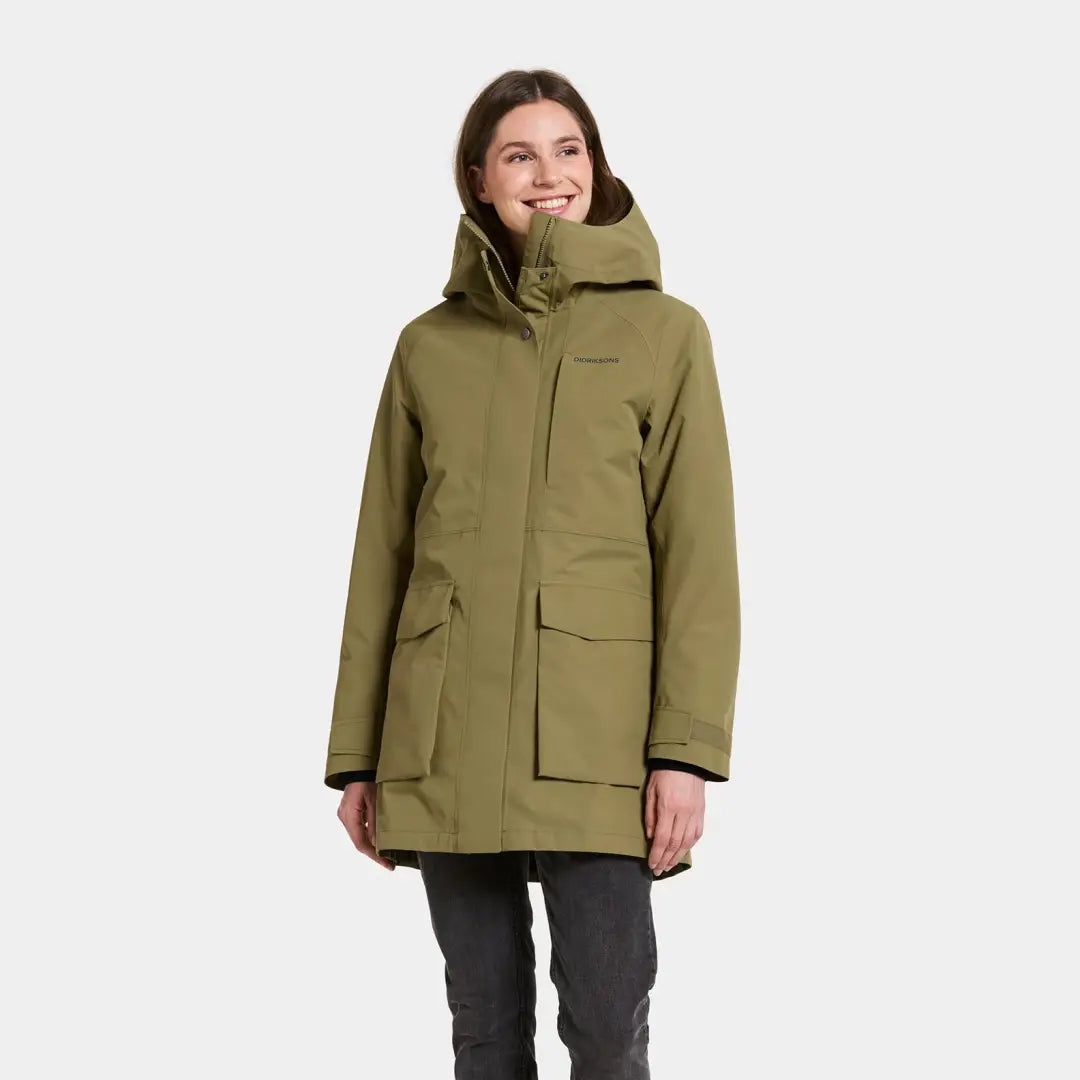 Didriksons Harriet womens parka in olive green, perfect country clothing for hunting