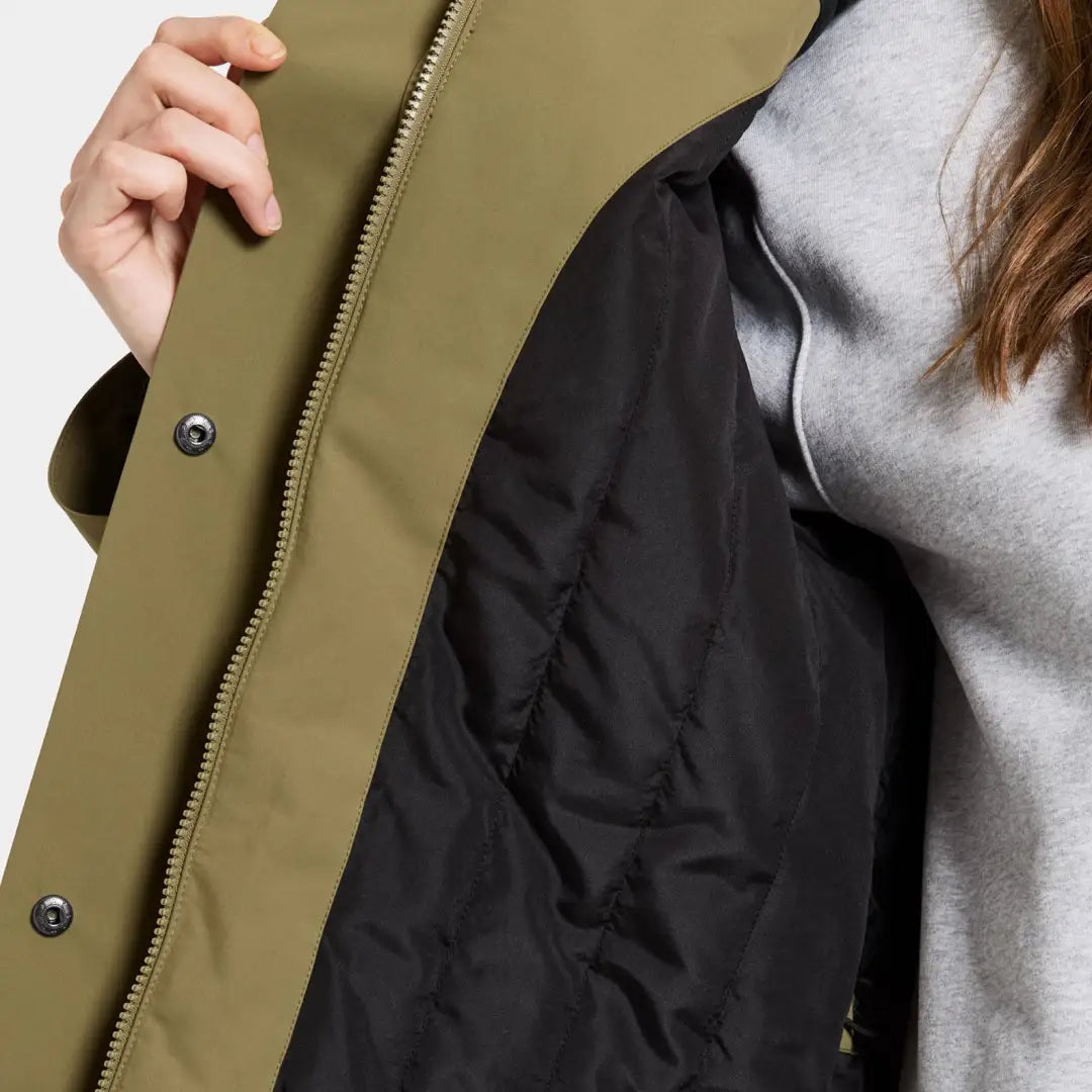 Open Olive Green Didriksons Harriet Womens Parka with black quilted lining for country hunting