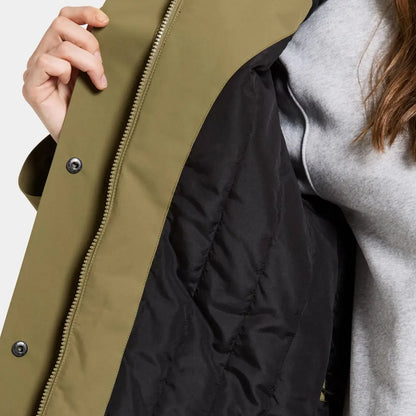 Open Olive Green Didriksons Harriet Womens Parka with black quilted lining for country hunting