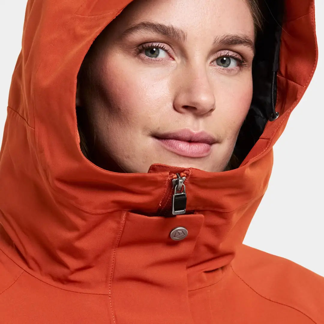 Didriksons Harriet Womens Parka with orange hood, perfect for country clothing and hunting