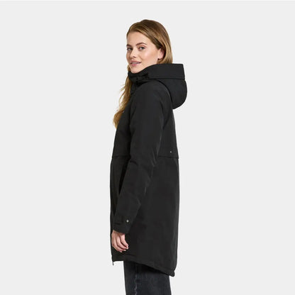 Black hooded winter coat on woman with long hair, featuring a light padded parka style