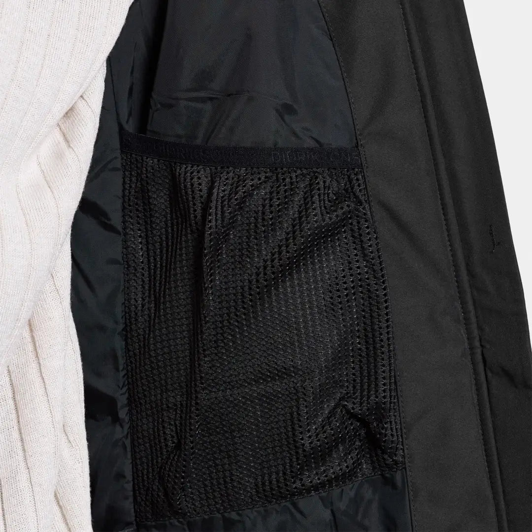 Light padded parka featuring a black jacket with a textured mesh pocket