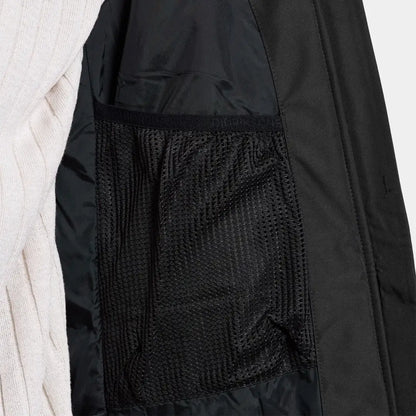 Light padded parka featuring a black jacket with a textured mesh pocket