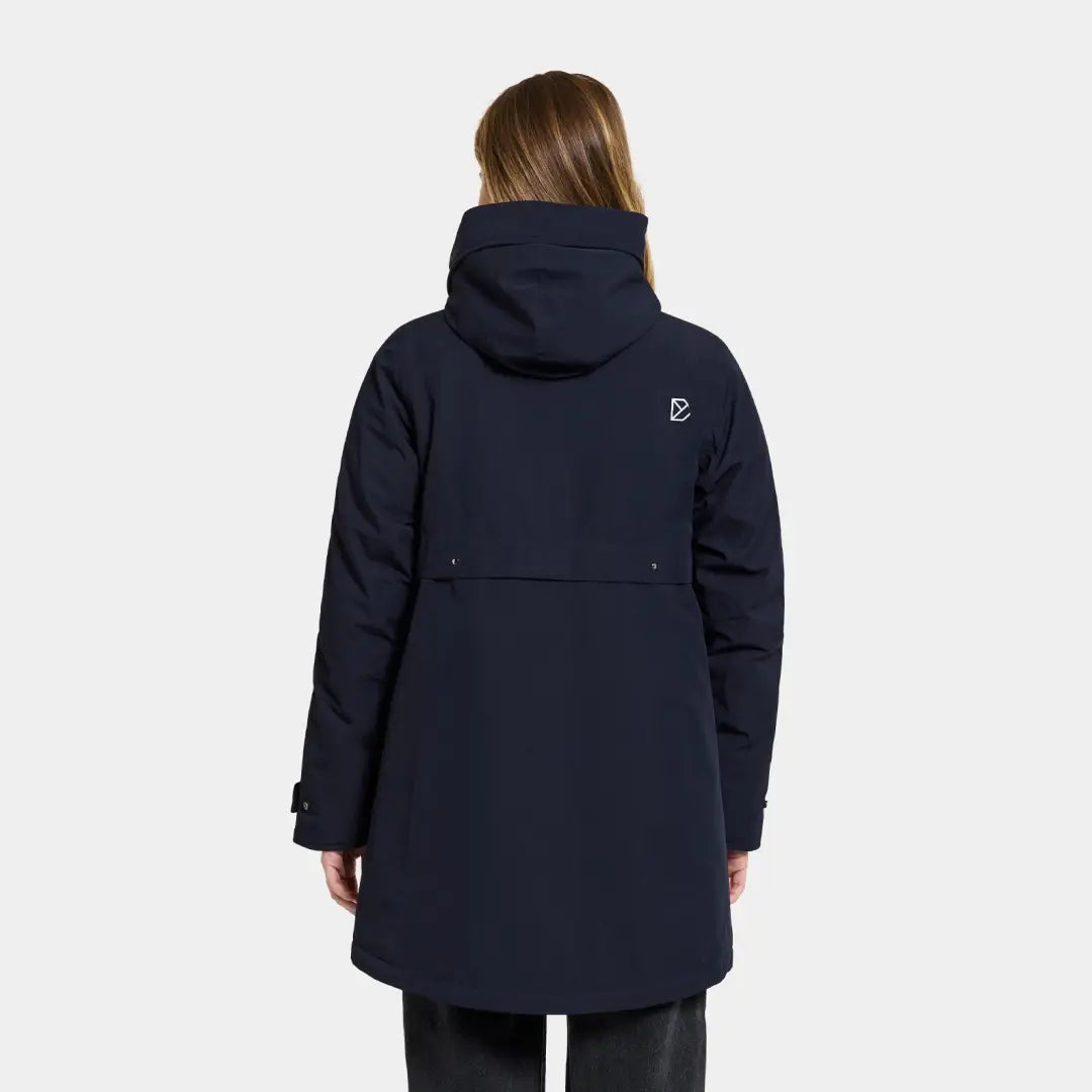 Navy blue hooded winter coat back view, featuring soft fabric and regular fit, fully windproof