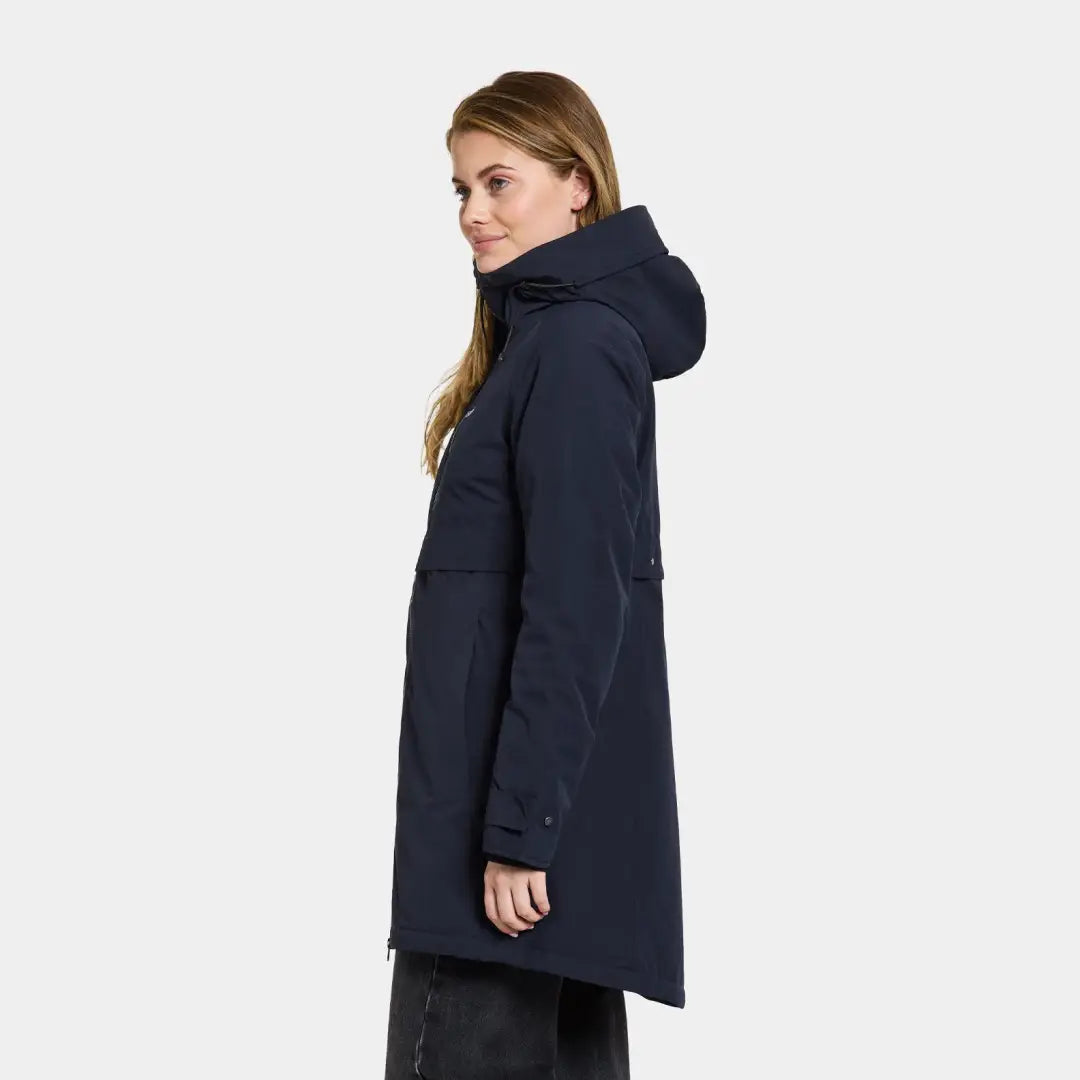 Navy blue hooded Didriksons Helle Womens Parka 5 with soft fabric and regular fit for winter