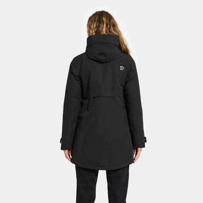 Black hooded winter coat from Didriksons Helle Womens Parka, perfect for outdoors and country clothing