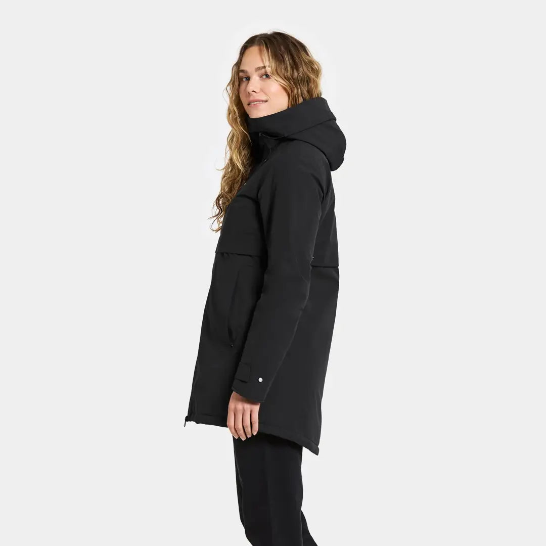 Didriksons Helle Womens Parka black long-sleeved hoodie for outdoors and country clothing