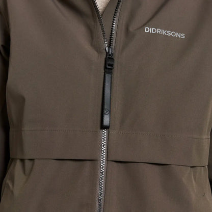 Brown zippered jacket with black zipper pull from Didriksons Helle Womens Parka for outdoor country clothing and hunting