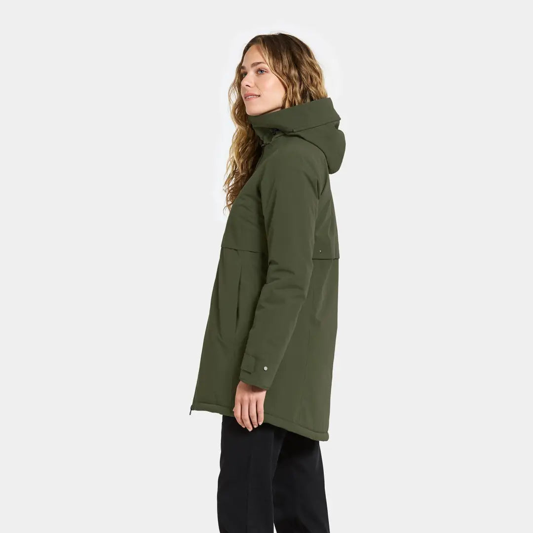 Woman modeling Didriksons Helle Womens Parka, perfect for country clothing and outdoors