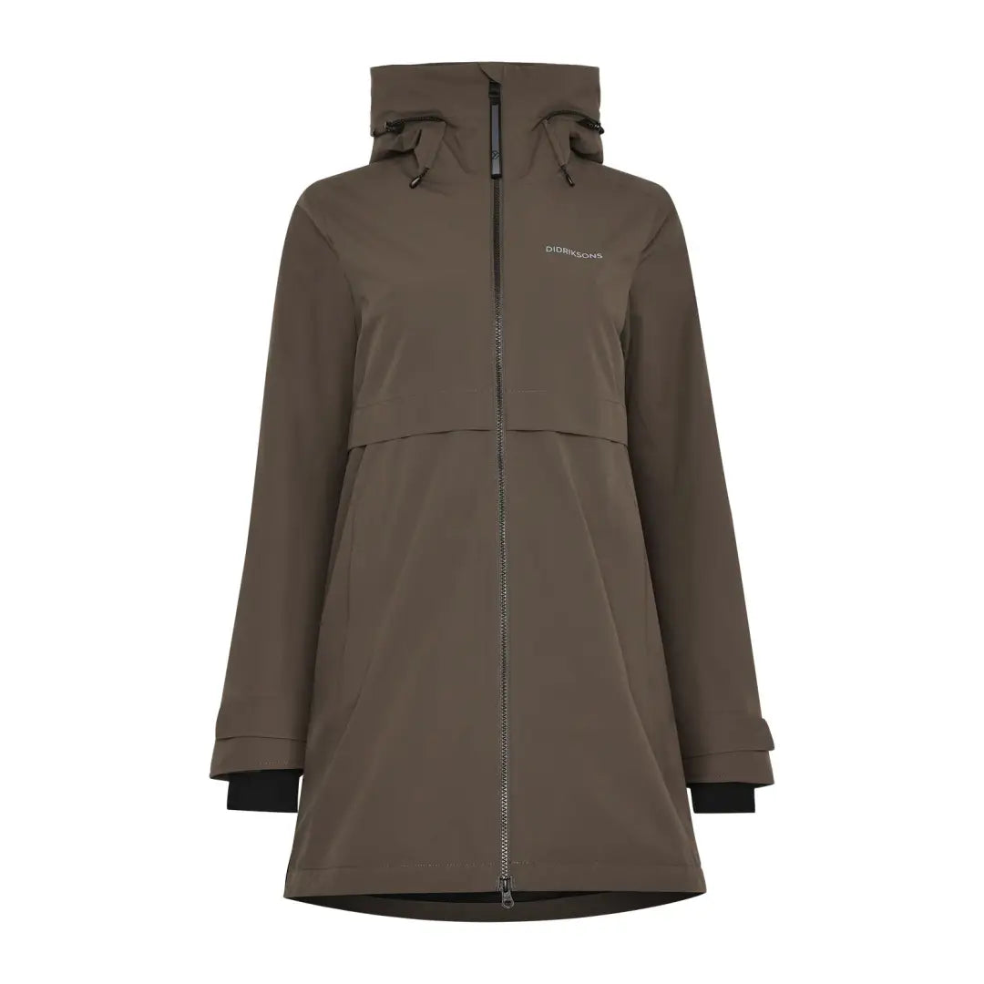 Dark olive green waterproof jacket from Didriksons Helle Womens Parka for outdoors and country clothing