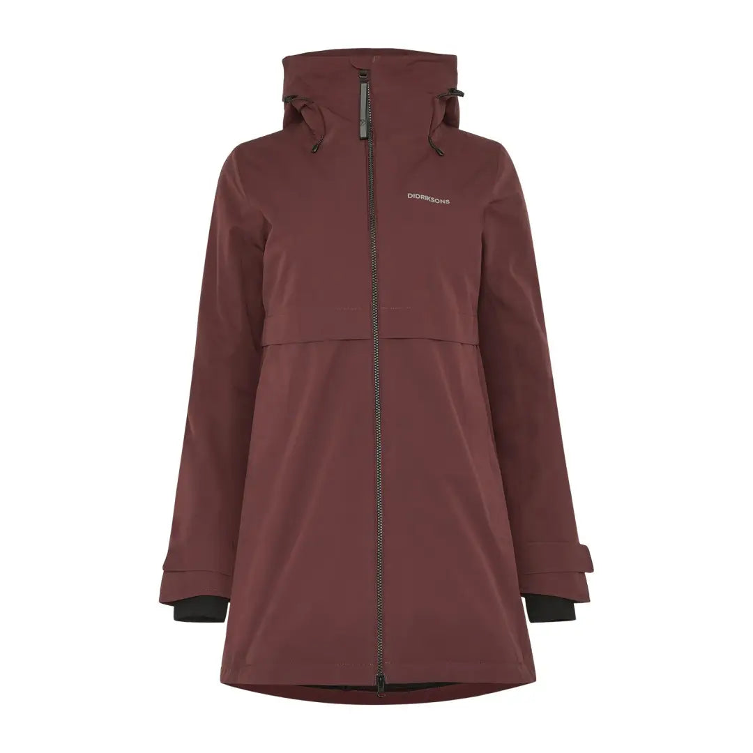Maroon waterproof parka with high collar and full zipper, perfect for country clothing outdoors