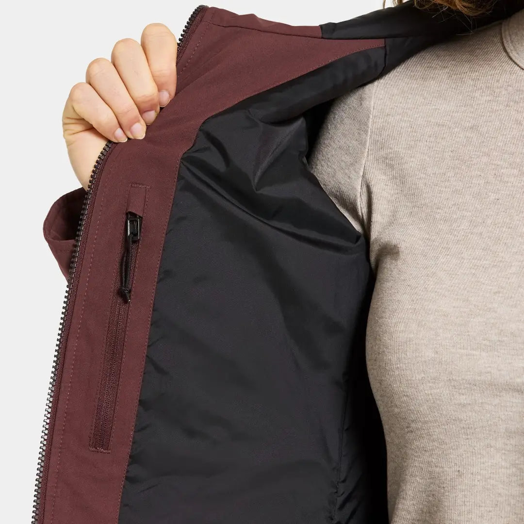 Open dark reddish-brown Didriksons Helle Womens Parka with black lining for outdoors and country clothing