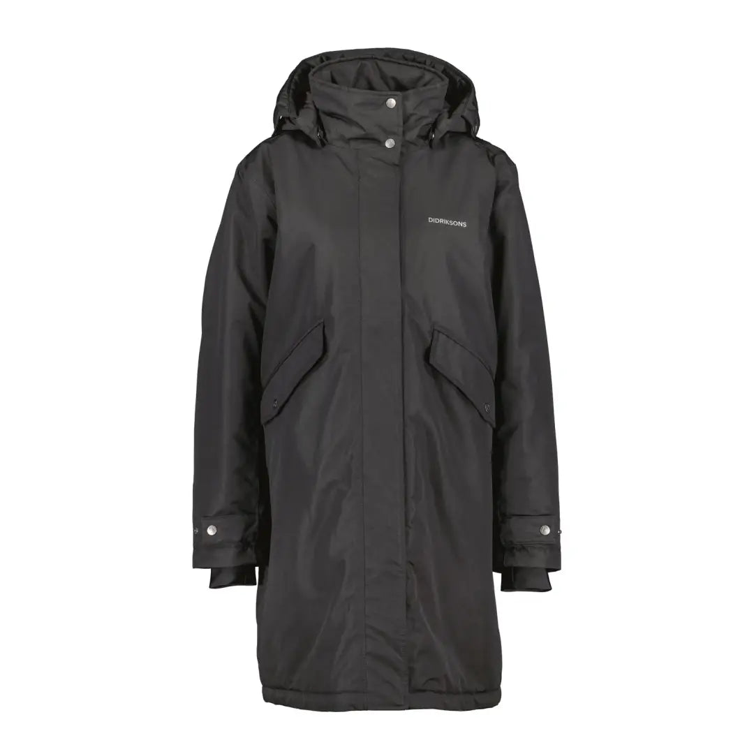 Dark gray Didriksons Josefine Womens Parka 2, a classic windproof parka with zippered pockets