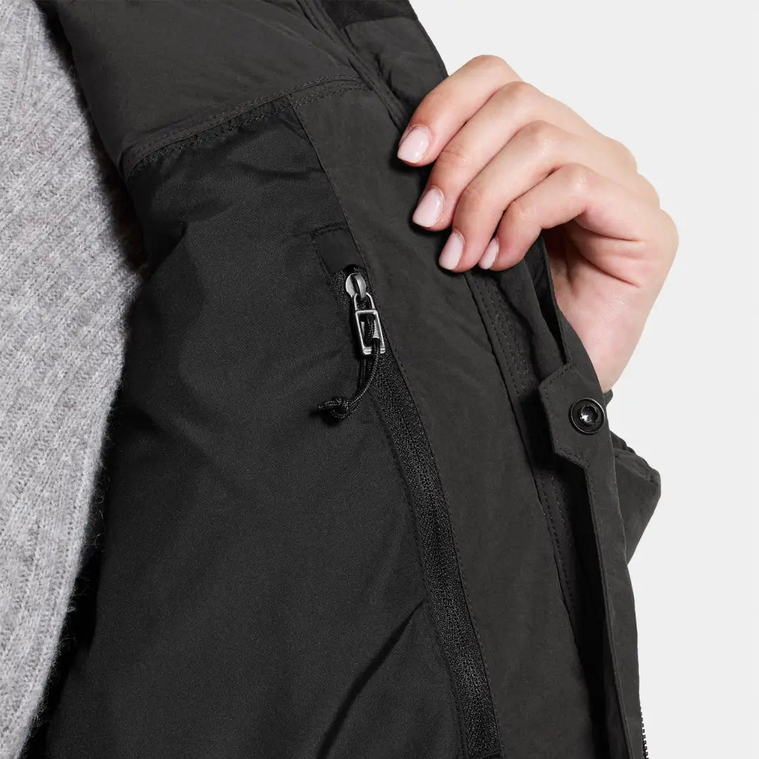 Black jacket with zipper pocket, perfect for a classic puff parka vibe. Didriksons Katrin