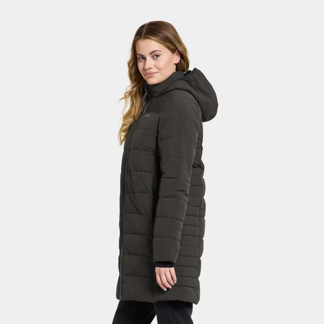 Long dark gray Didriksons Katrin Womens Parka, a stylish classic puff parka for winter