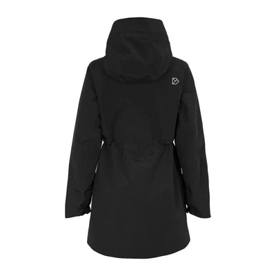 Black hooded winter coat with cinched waist, perfect for stylish outdoor wear. Didriksons Lana Womens