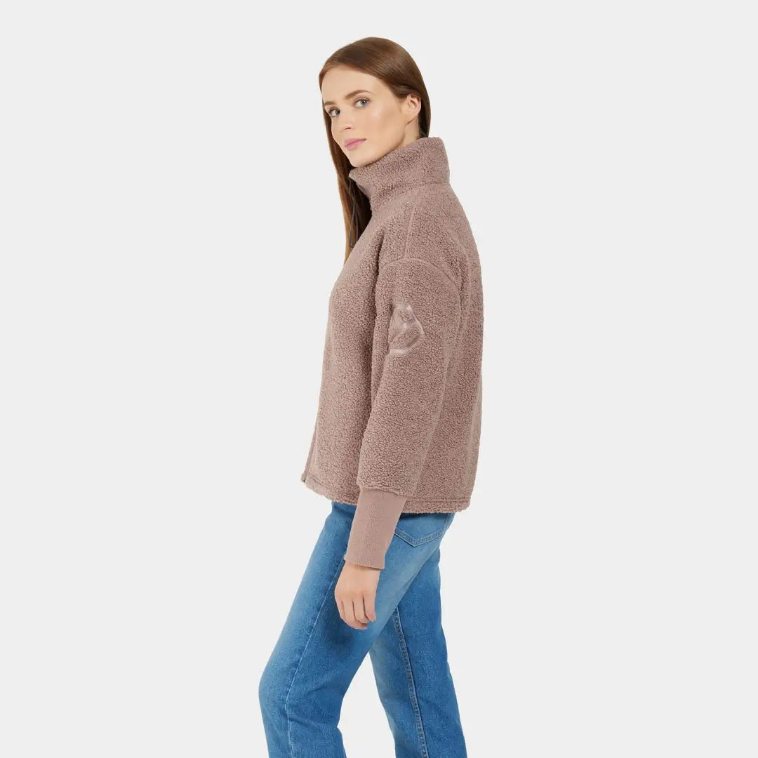 Women’s brown fleece turtleneck sweatshirt with elbow patches for winter snow country clothing