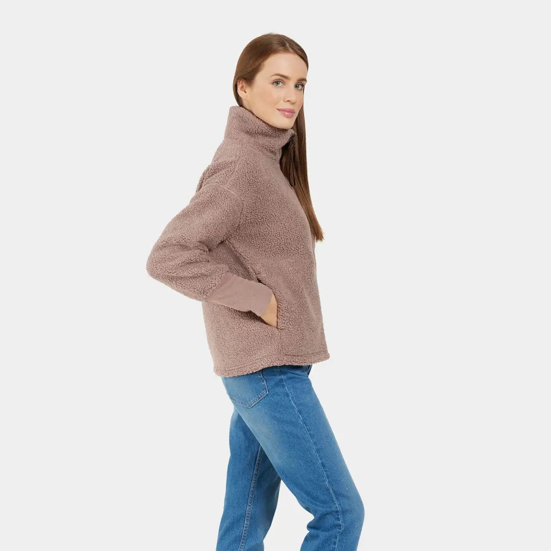 Women’s light brown Sherpa fleece jacket perfect for winter snow country clothing hunting