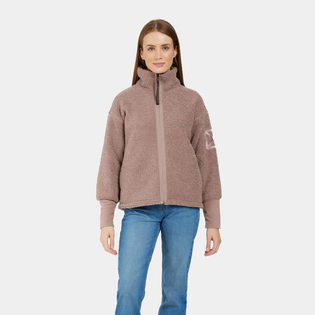 Women’s mauve fleece jacket with high collar for winter snow and country hunting trips