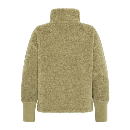 Cozy olive green sherpa fleece pullover perfect for winter snow and country hunting trips