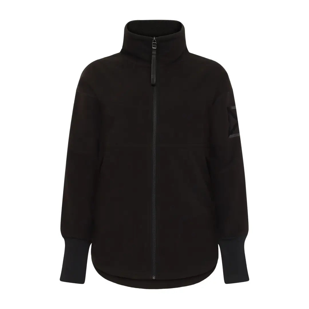 Black zip-up athletic jacket with high collar and ribbed cuffs for outdoor country clothing