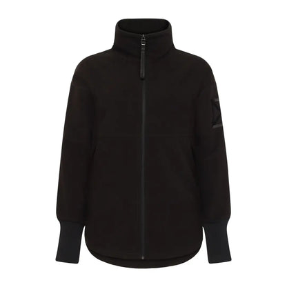 Black zip-up athletic jacket with high collar and ribbed cuffs for outdoor country clothing