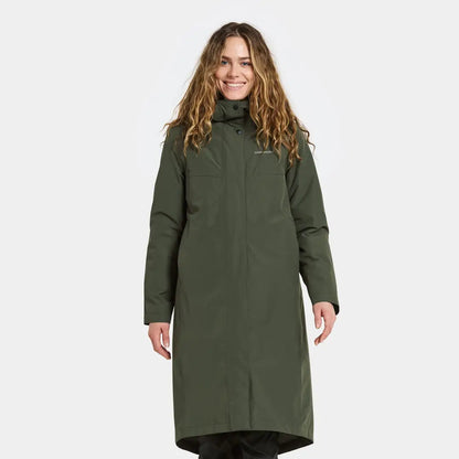 Long dark green Didriksons Selina womens parka for outdoor country clothing and hunting