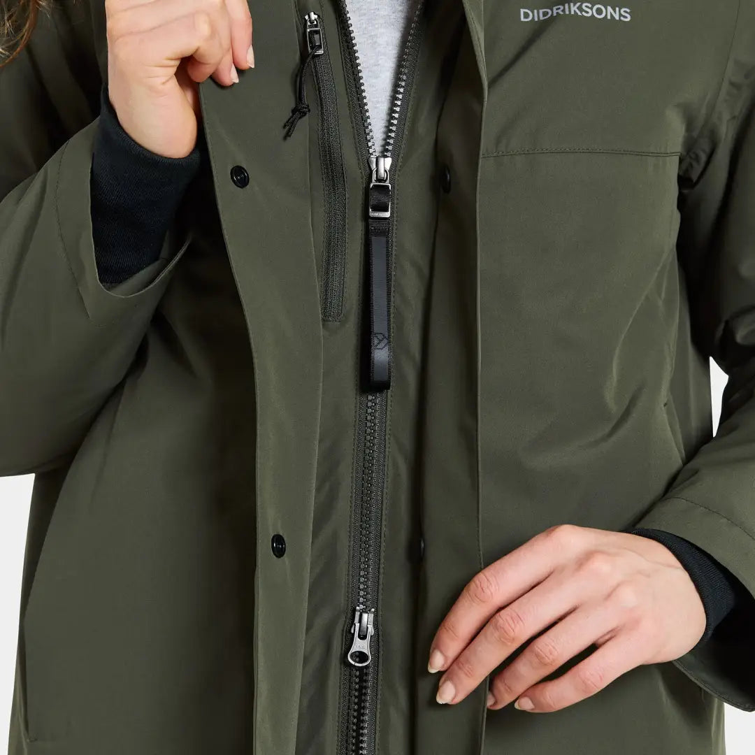 Woman in dark olive green waterproof Didriksons Selina Womens Parka for outdoors and country clothing