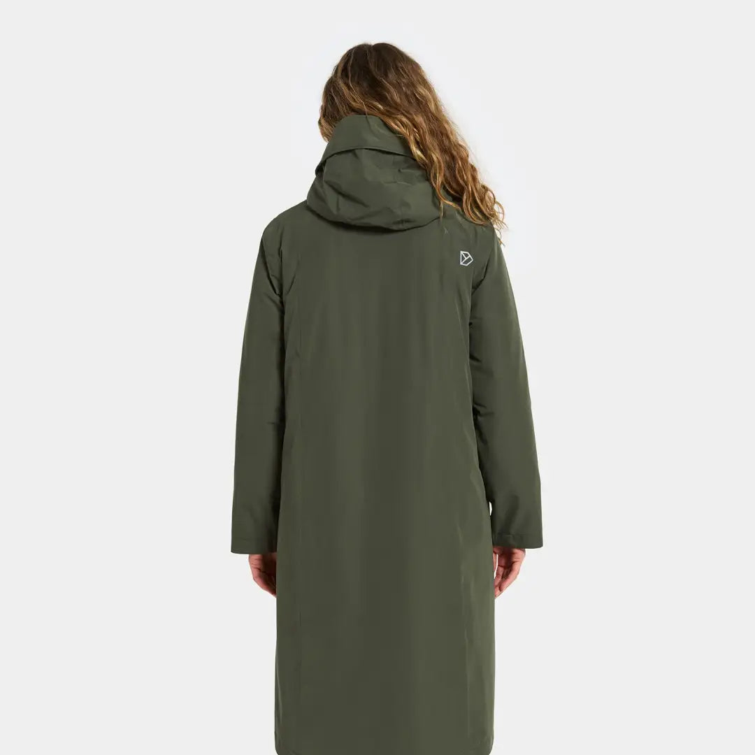 Woman in dark green hooded coat from Didriksons Selina Womens Parka for outdoor country clothing
