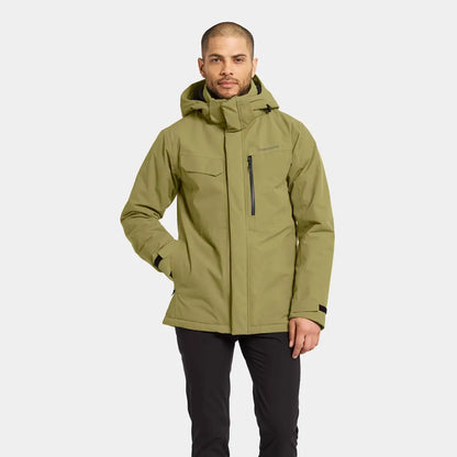 Men’s olive green Didriksons Stefan Jacket with waterproof hood and black zippers perfect for everyday outerwear