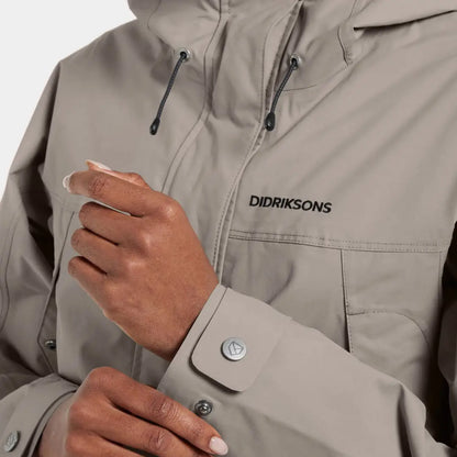 Light brown Didriksons Thelma Womens Parka with snap buttons and hood, iconic Didriksons style