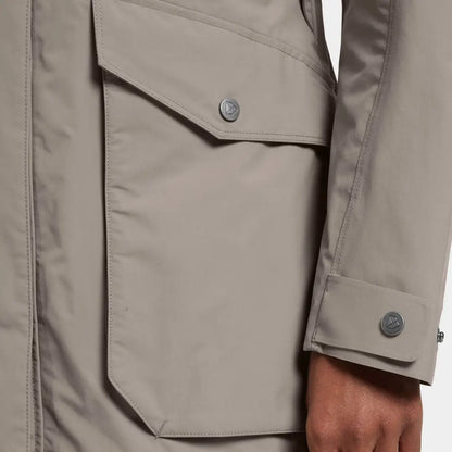 Beige fully waterproof windproof parka with snap pockets and adjustable cuffs in iconic Didriksons style