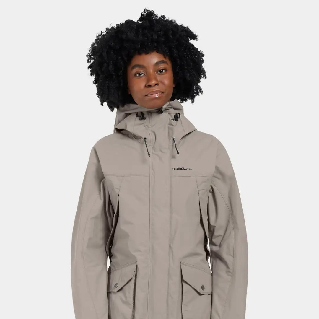Women’s beige hooded parka jacket in iconic Didriksons style, fully waterproof and windproof