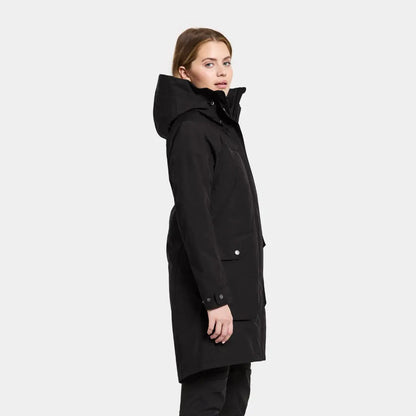 Black winter coat with hood, showcasing iconic Didriksons style in a windproof parka