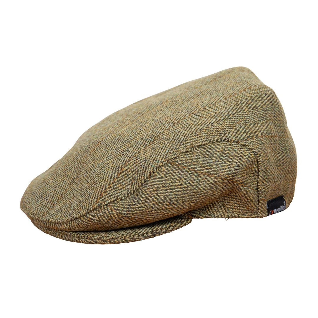 Extremities Woburn Tweed Flat Cap in stylish herringbone tweed pattern