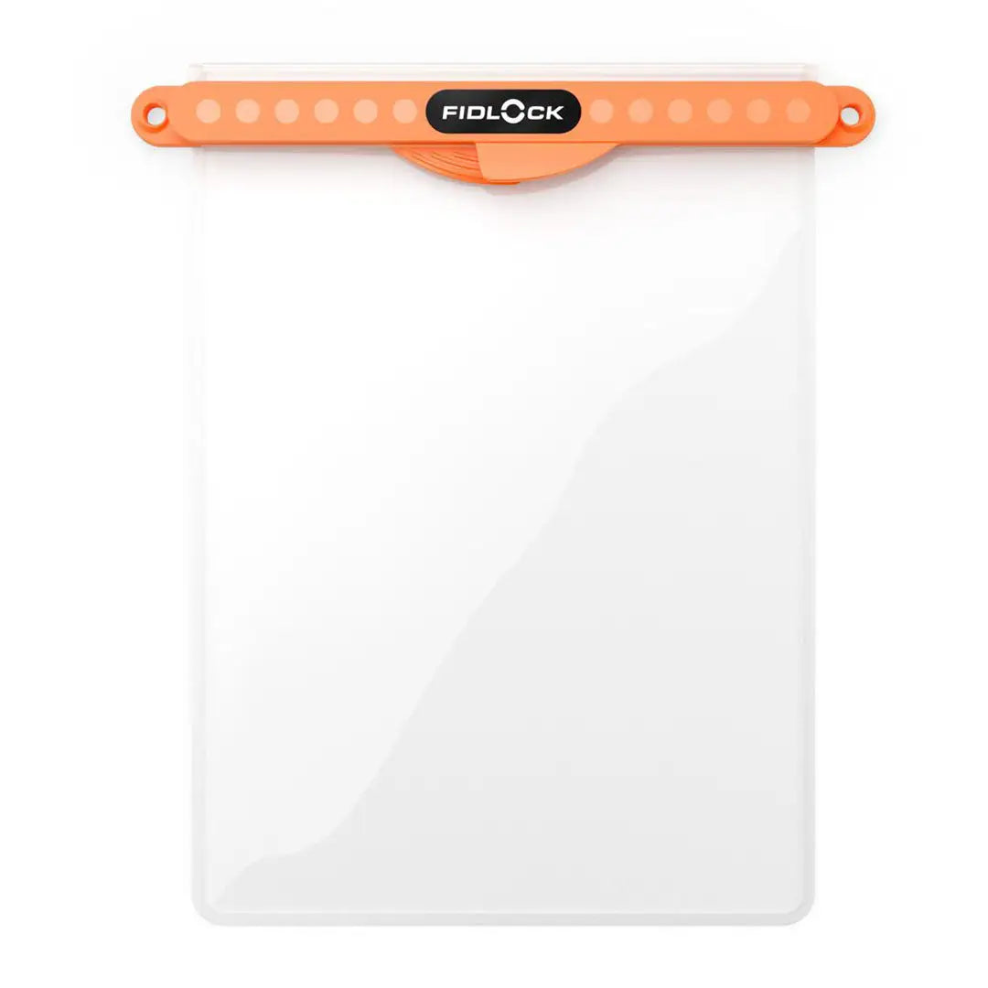 Transparent waterproof Fidlock dry bag with orange closure for ultimate gear protection