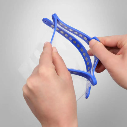 Blue plastic face shield in a Fidlock Maxi Dry Bag, perfect for all your dry bag needs