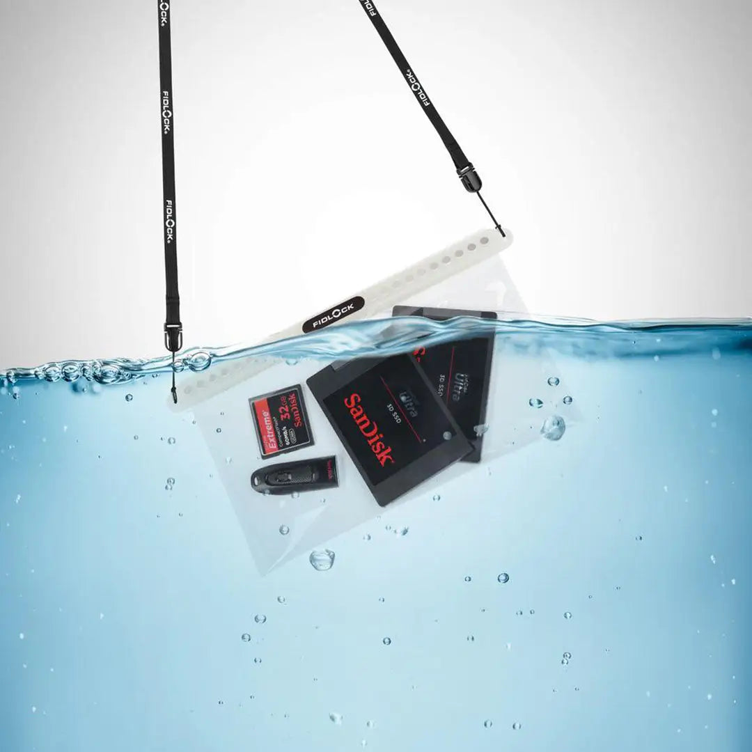 Waterproof Fidlock Multi Dry Bag with memory cards inside for ultimate protection