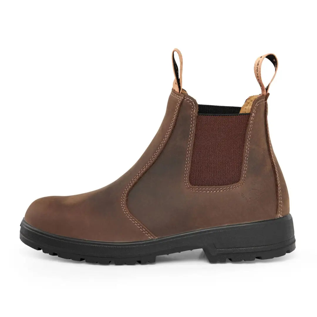 Brown leather Chelsea boots with elastic sides and pull tabs for country clothing and hunting