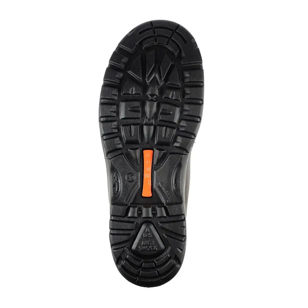 Black shoe sole with orange accent on Grisport Chukka Safety Boot, grease resistant