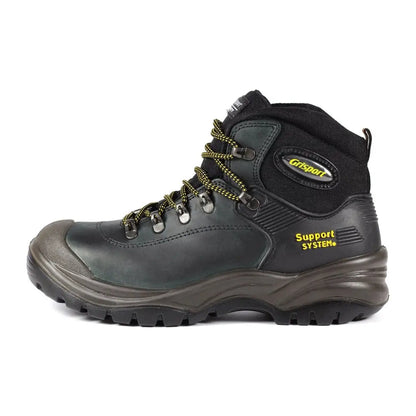 Black leather hiking boot from Grisport, perfect for safety in workplace environments
