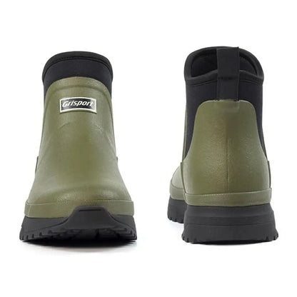 Olive green waterproof Grisport Mudmate Ankle Wellington boots for outdoor adventures