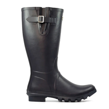 Black rubber rain boot, perfect for country clothing and outdoor hunting adventures