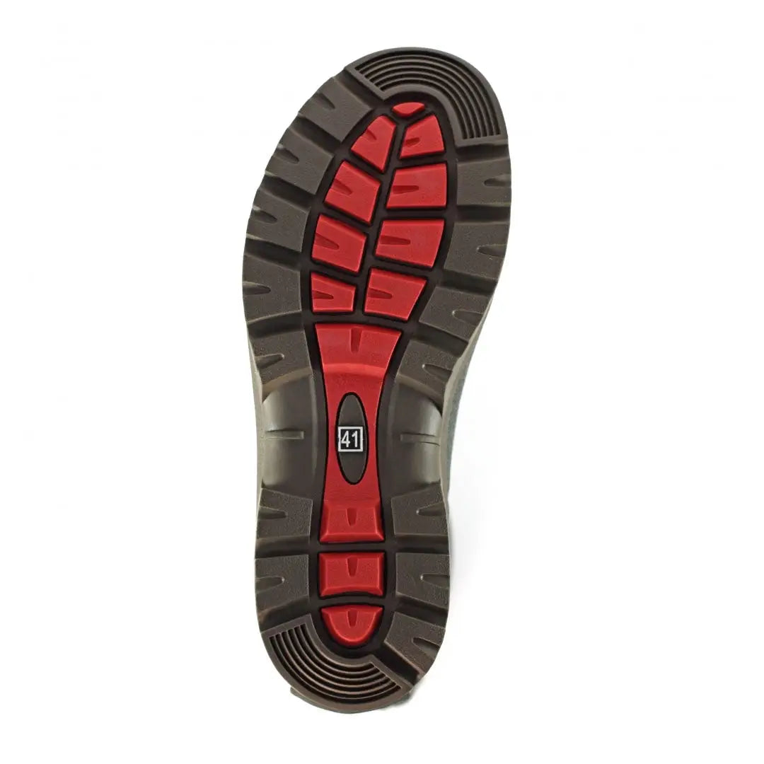 Brown and red shoe sole of Grisport Stream II Wellington for country clothing and outdoors