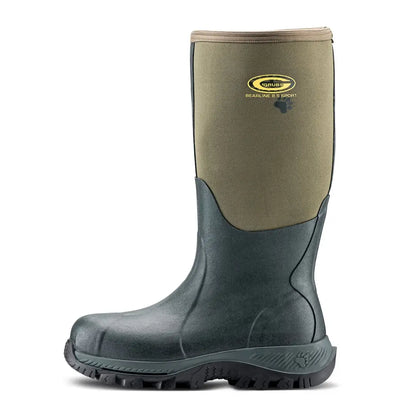 Olive green and black waterproof rubber hunting boot from Grubs Bearline for country clothing