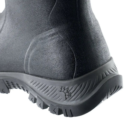 Close-up of Grubs Bearline waterproof boot heel with paw print logo for country clothing and hunting