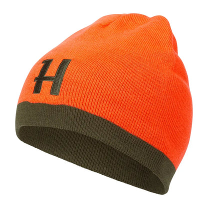 Orange and green knit beanie with letter H, perfect reversible beanie for country clothing and hunting gear